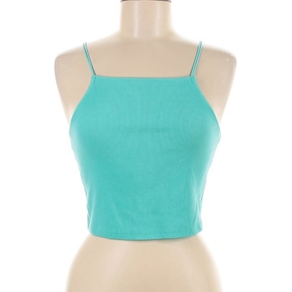 Wild Fable Teal Mint Green Ribbed Thin Strap Strappy High Neck Crop Tank Top - Picture 4 of 11